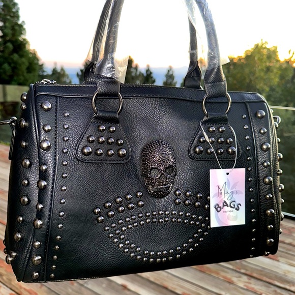 Handbags - ☠️ Skull Studded Punk Moto Black Tote Crossbody Bag
